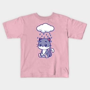 Cute Sad Cat Sitting Under Rain Cloud Cartoon Kids T-Shirt